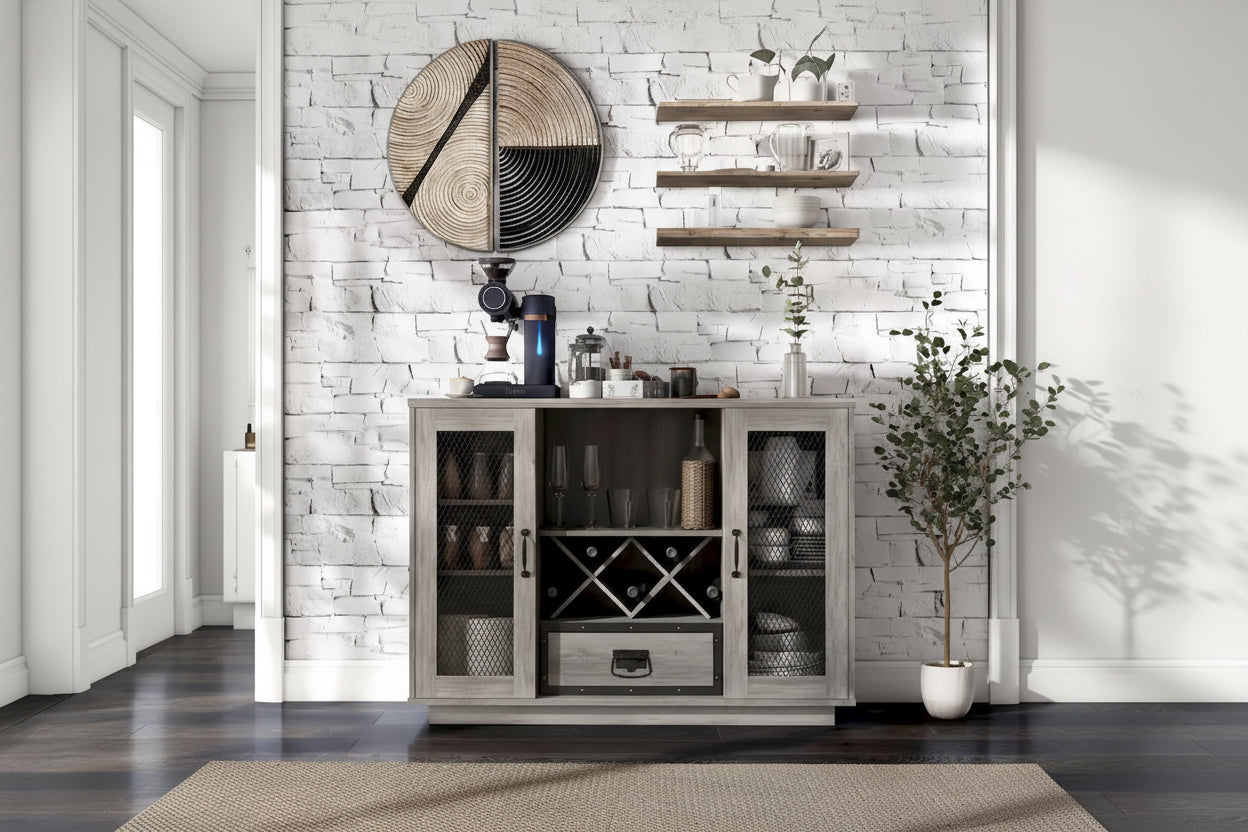Buffet industriel avec rangement pour bouteilles de vin, chêne gris / chêne recyclé, 7 étagères
