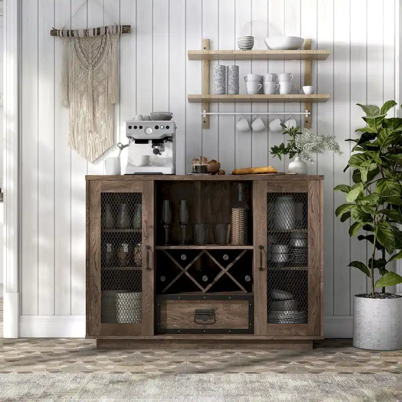 Buffet industriel avec rangement pour bouteilles de vin, chêne gris / chêne recyclé, 7 étagères
