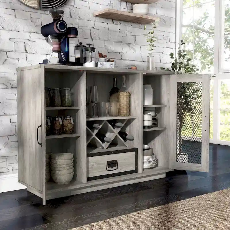 Buffet industriel avec rangement pour bouteilles de vin, chêne gris / chêne recyclé, 7 étagères