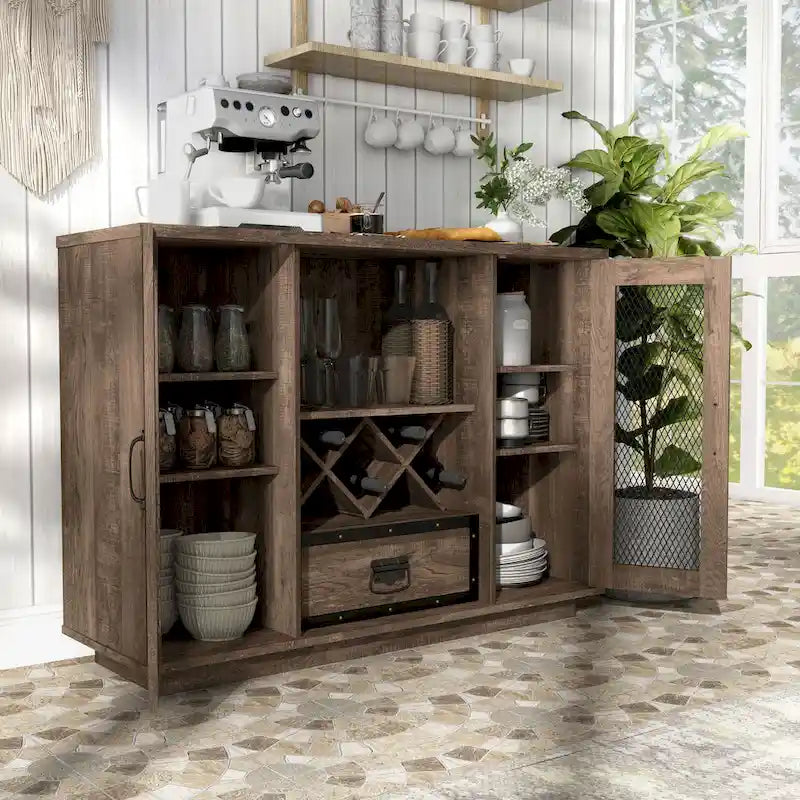 Buffet industriel avec rangement pour bouteilles de vin, chêne gris / chêne recyclé, 7 étagères