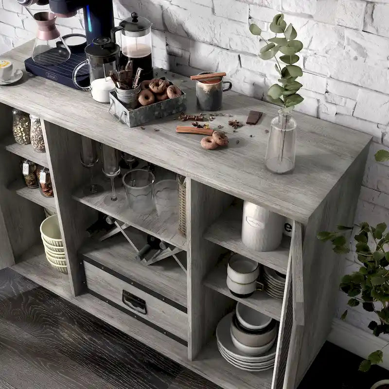 Buffet industriel avec rangement pour bouteilles de vin, chêne gris / chêne recyclé, 7 étagères