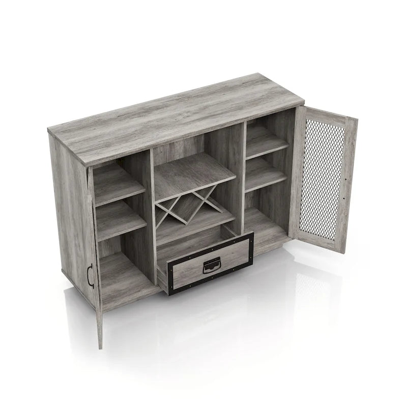 Buffet industriel avec rangement pour bouteilles de vin, chêne gris / chêne recyclé, 7 étagères
