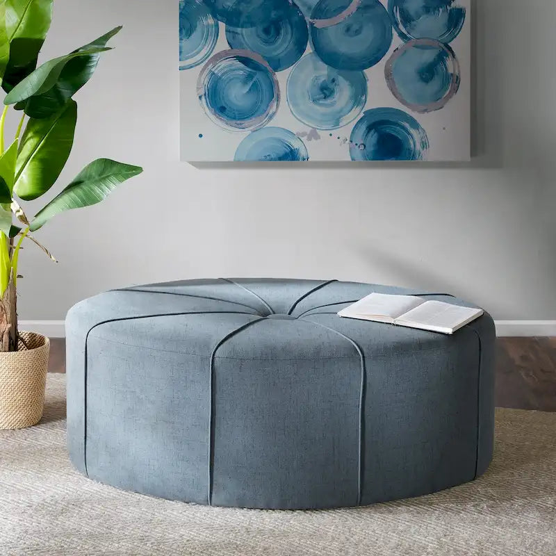 Repose-pieds ovale touffeté en tissu bleu / crème / gris, simple