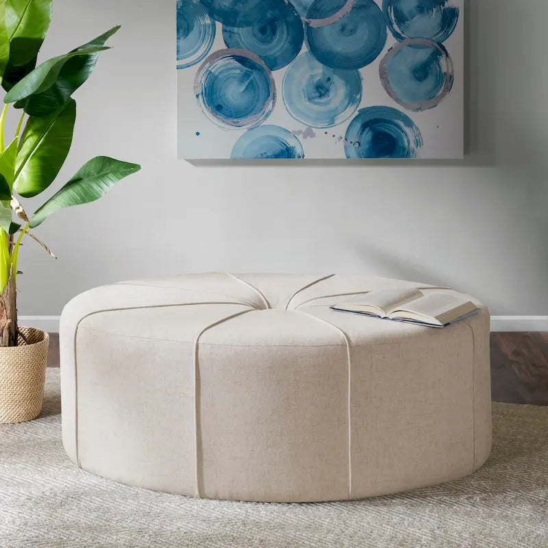 Repose-pieds ovale touffeté en tissu bleu / crème / gris, simple