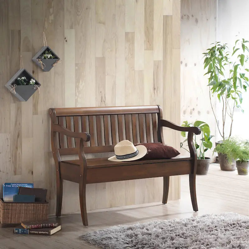 Banc de rangement traditionnel Elm / Noir antique avec dossier à lattes et accoudoirs volutes, 2 places