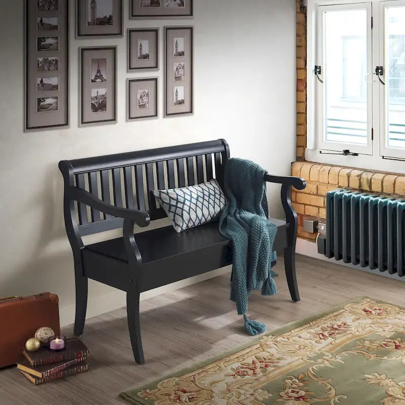 Banc de rangement traditionnel Elm / Noir antique avec dossier à lattes et accoudoirs volutes, 2 places