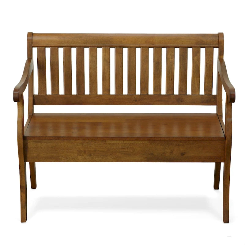 Banc de rangement traditionnel Elm / Noir antique avec dossier à lattes et accoudoirs volutes, 2 places