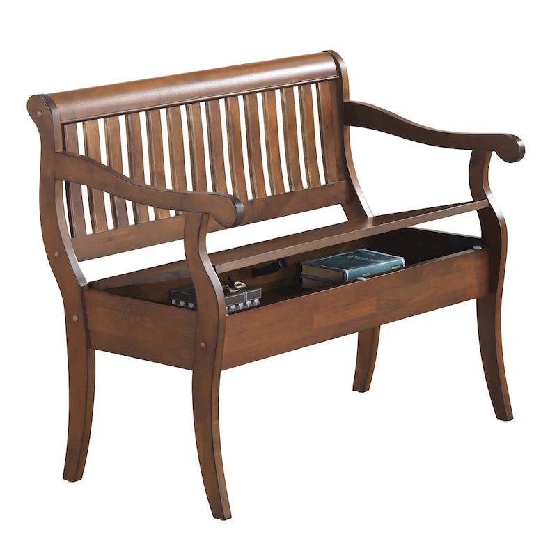 Banc de rangement traditionnel Elm / Noir antique avec dossier à lattes et accoudoirs volutes, 2 places