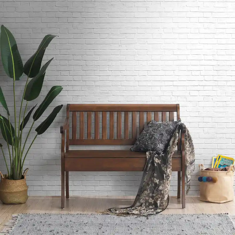 Banc de rangement traditionnel Elm / Noir antique avec dossier à lattes et accoudoirs volutes, 2 places