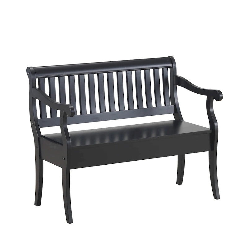 Banc de rangement traditionnel Elm / Noir antique avec dossier à lattes et accoudoirs volutes, 2 places