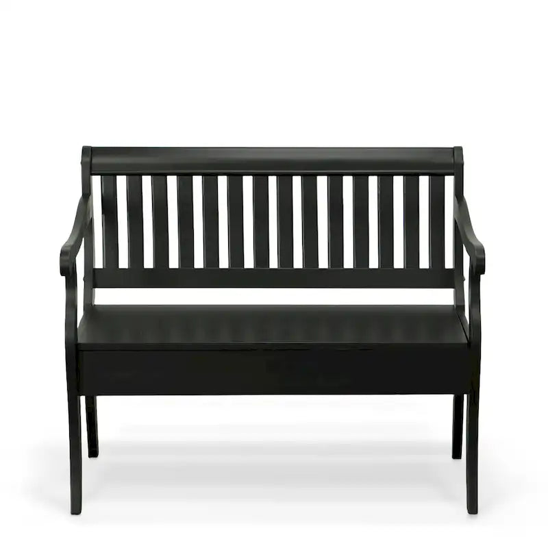 Banc de rangement traditionnel Elm / Noir antique avec dossier à lattes et accoudoirs volutes, 2 places