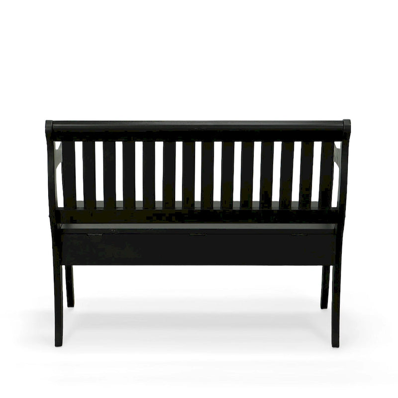 Banc de rangement traditionnel Elm / Noir antique avec dossier à lattes et accoudoirs volutes, 2 places