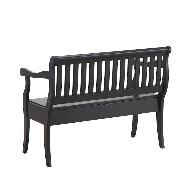 Banc de rangement traditionnel Elm / Noir antique avec dossier à lattes et accoudoirs volutes, 2 places