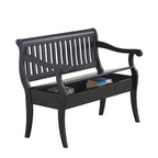 Banc de rangement traditionnel Elm / Noir antique avec dossier à lattes et accoudoirs volutes, 2 places