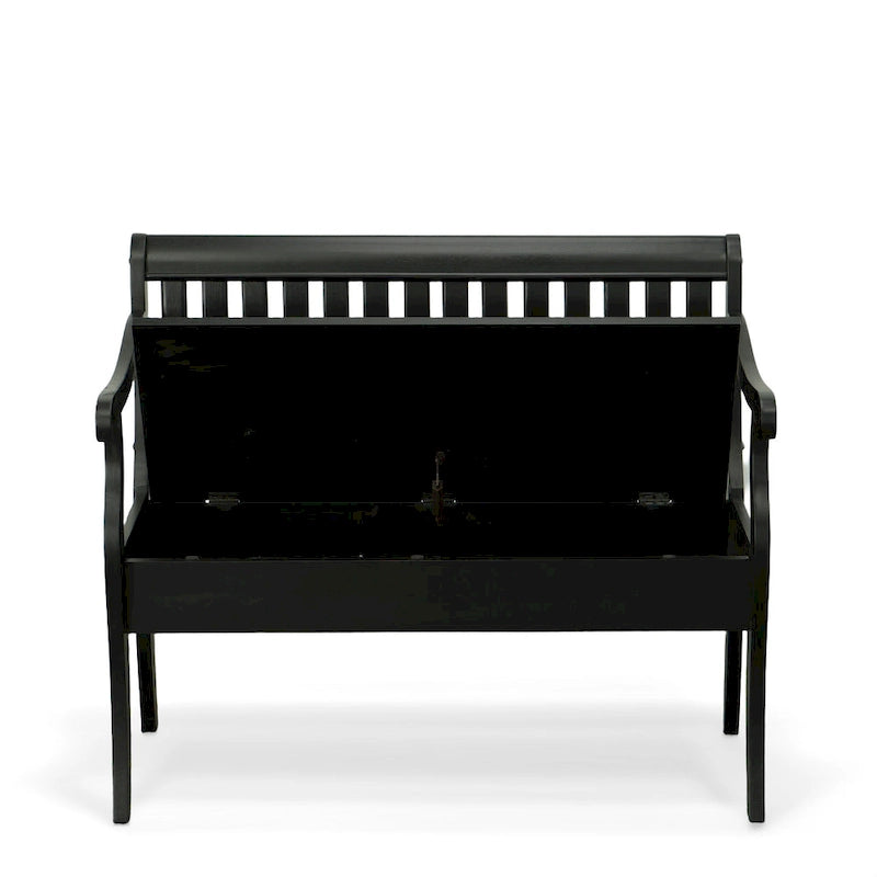 Banc de rangement traditionnel Elm / Noir antique avec dossier à lattes et accoudoirs volutes, 2 places