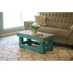 Table basse rustique faite à la main en bois de récupération blanc/bleu avec finition vieillie et scellant résistant à l'eau