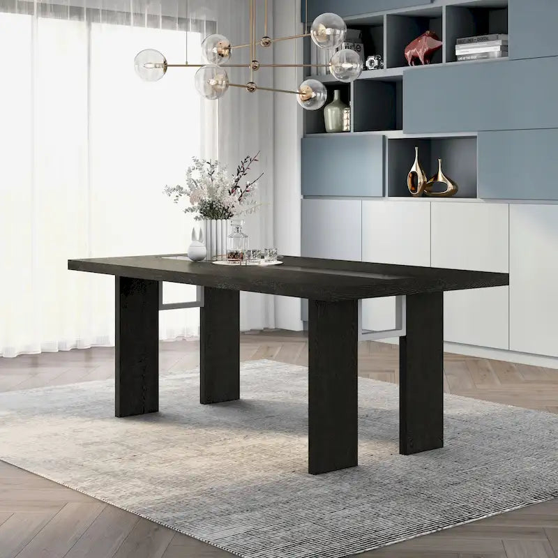 Table de salle à manger rectangulaire contemporaine de 193 cm avec incrustation en verre, gris/noir, pieds blocs larges, pour 6 personnes