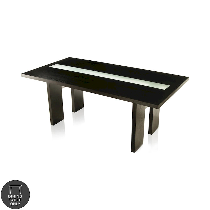 Table de salle à manger rectangulaire contemporaine de 193 cm avec incrustation en verre, gris/noir, pieds blocs larges, pour 6 personnes