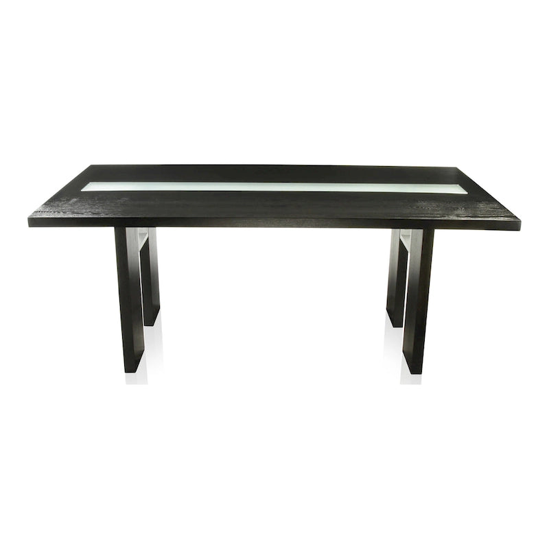 Table de salle à manger rectangulaire contemporaine de 193 cm avec incrustation en verre, gris/noir, pieds blocs larges, pour 6 personnes