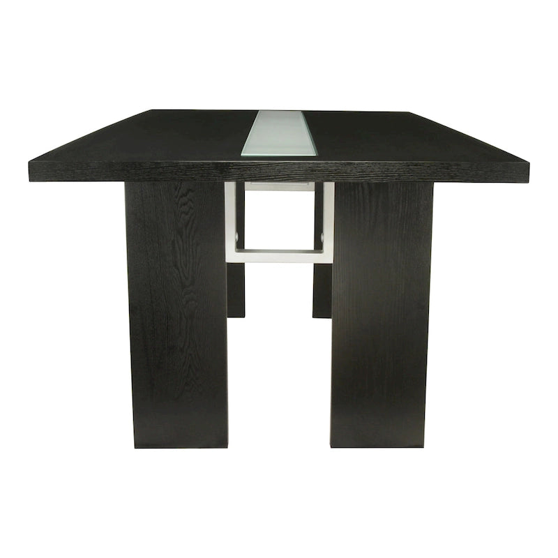 Table de salle à manger rectangulaire contemporaine de 193 cm avec incrustation en verre, gris/noir, pieds blocs larges, pour 6 personnes