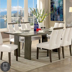Table de salle à manger rectangulaire contemporaine de 193 cm avec incrustation en verre, gris/noir, pieds blocs larges, pour 6 personnes