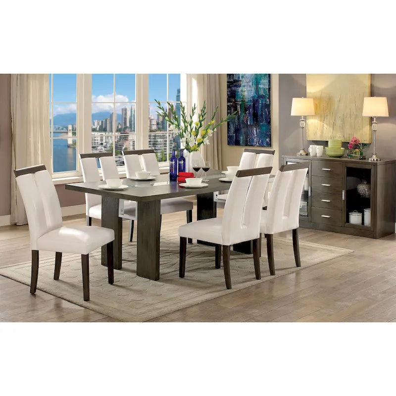 Table de salle à manger rectangulaire contemporaine de 193 cm avec incrustation en verre, gris/noir, pieds blocs larges, pour 6 personnes