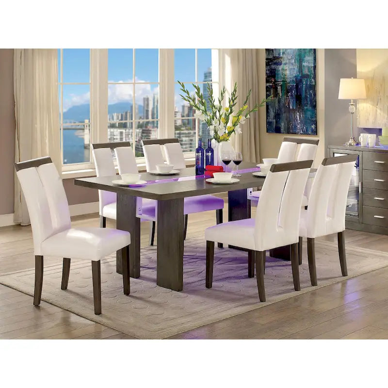 Table de salle à manger rectangulaire contemporaine de 193 cm avec incrustation en verre, gris/noir, pieds blocs larges, pour 6 personnes