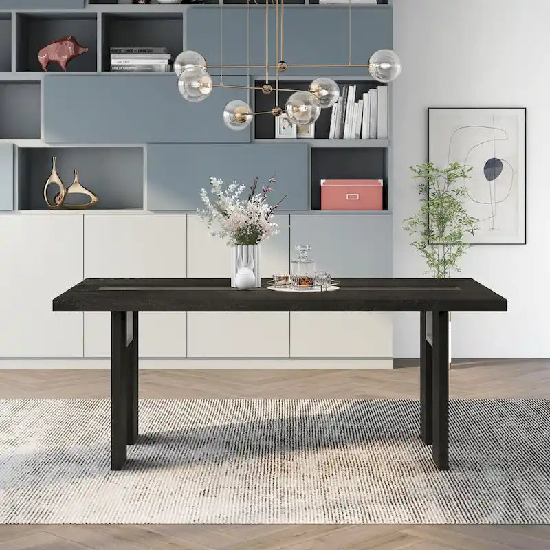Table de salle à manger rectangulaire contemporaine de 193 cm avec incrustation en verre, gris/noir, pieds blocs larges, pour 6 personnes