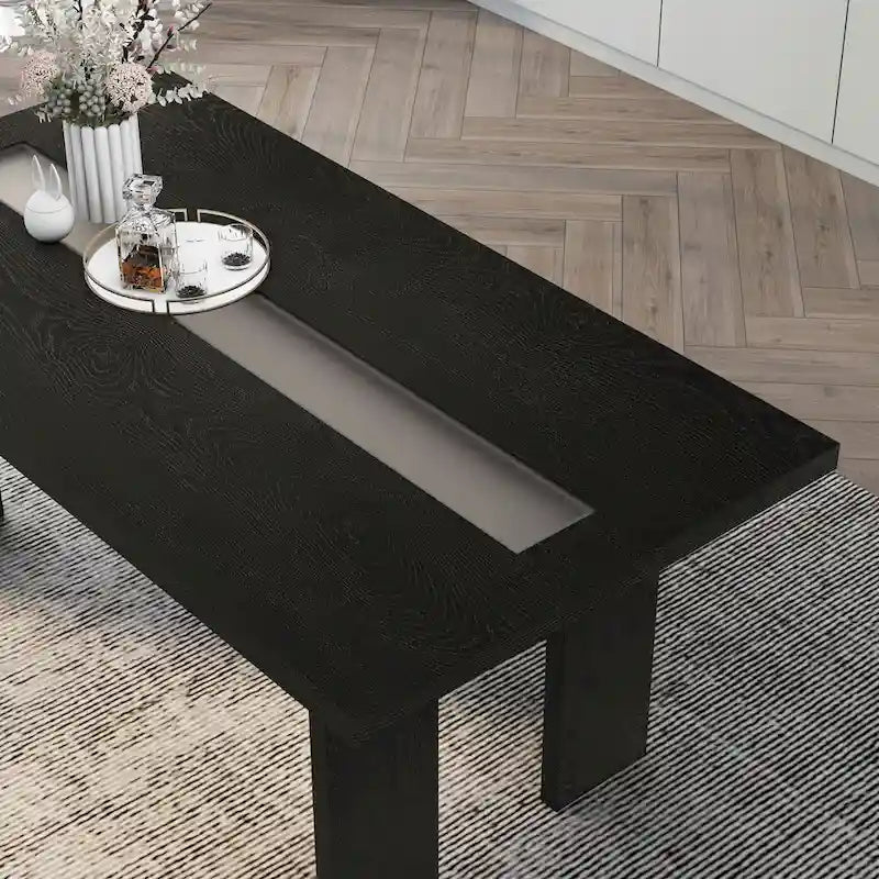 Table de salle à manger rectangulaire contemporaine de 193 cm avec incrustation en verre, gris/noir, pieds blocs larges, pour 6 personnes