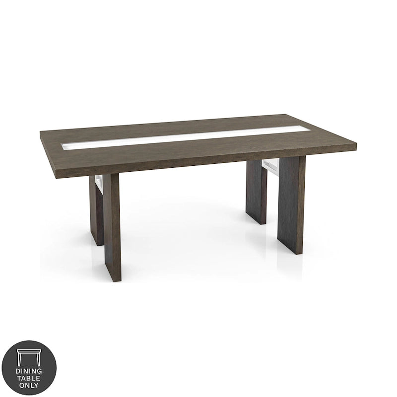 Table de salle à manger rectangulaire contemporaine de 193 cm avec incrustation en verre, gris/noir, pieds blocs larges, pour 6 personnes