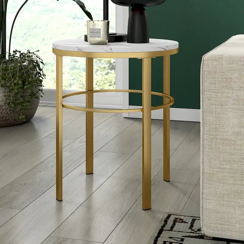 Table d'appoint ronde moderne glam en laiton/bronze noirci avec plateau en faux marbre et cadre géométrique en acier