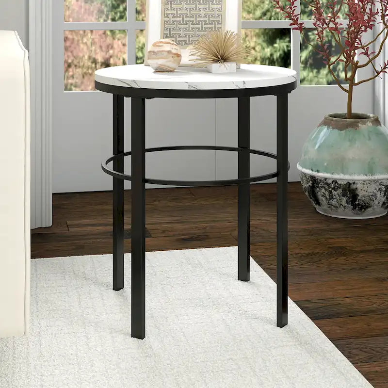 Table d'appoint ronde moderne glam en laiton/bronze noirci avec plateau en faux marbre et cadre géométrique en acier