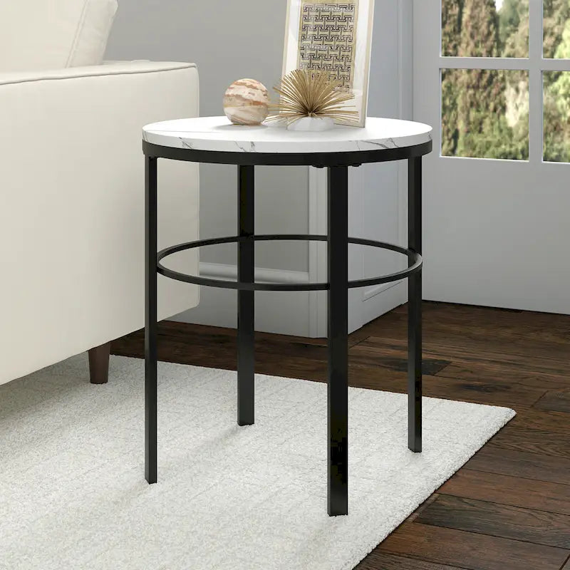 Table d'appoint ronde moderne glam en laiton/bronze noirci avec plateau en faux marbre et cadre géométrique en acier