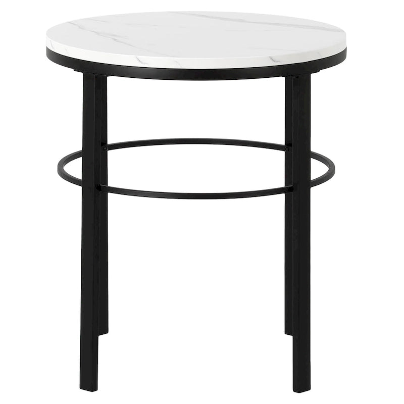 Table d'appoint ronde moderne glam en laiton/bronze noirci avec plateau en faux marbre et cadre géométrique en acier