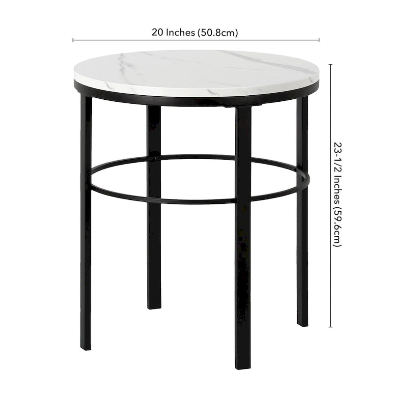 Table d'appoint ronde moderne glam en laiton/bronze noirci avec plateau en faux marbre et cadre géométrique en acier