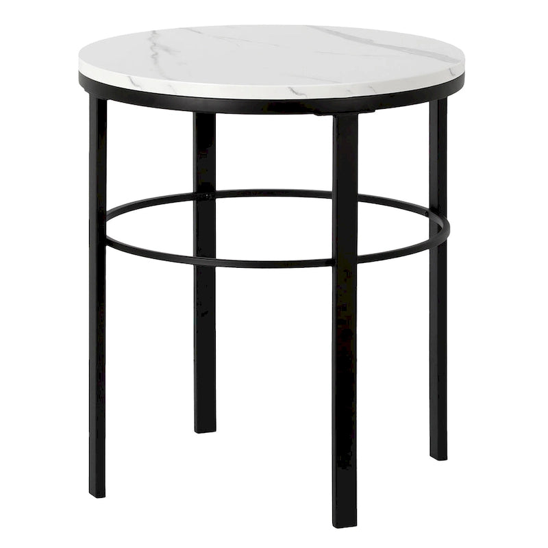 Table d'appoint ronde moderne glam en laiton/bronze noirci avec plateau en faux marbre et cadre géométrique en acier