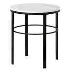 Table d'appoint ronde moderne glam en laiton/bronze noirci avec plateau en faux marbre et cadre géométrique en acier