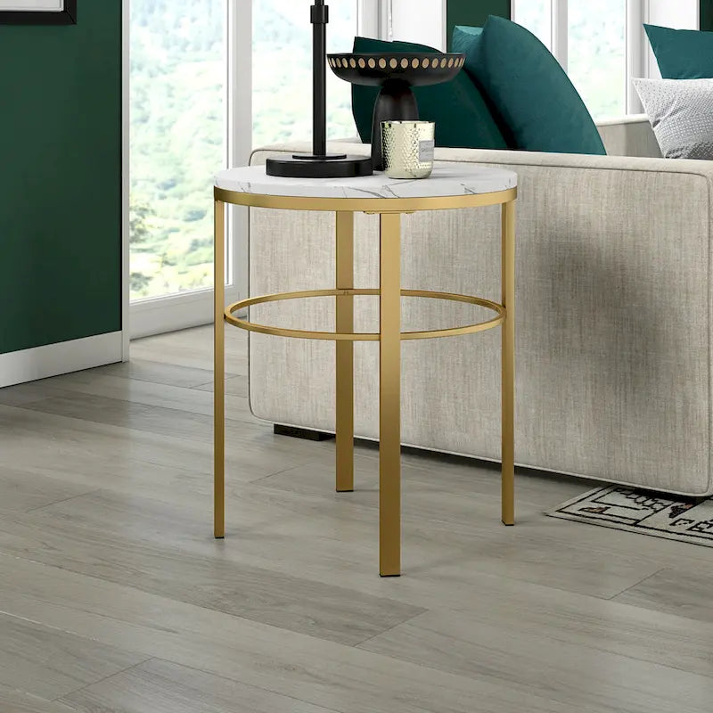 Table d'appoint ronde moderne glam en laiton/bronze noirci avec plateau en faux marbre et cadre géométrique en acier