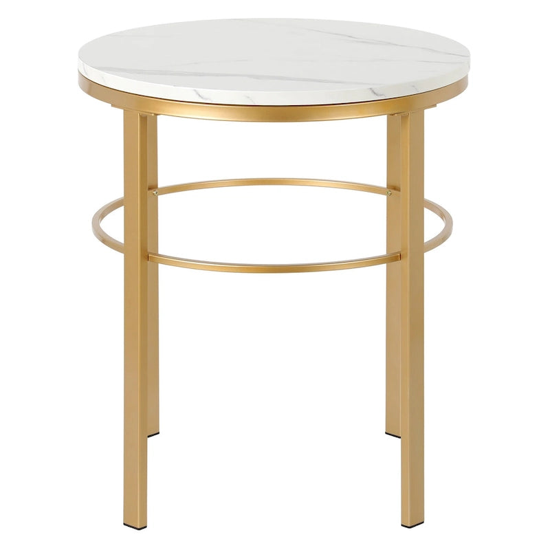 Table d'appoint ronde moderne glam en laiton/bronze noirci avec plateau en faux marbre et cadre géométrique en acier