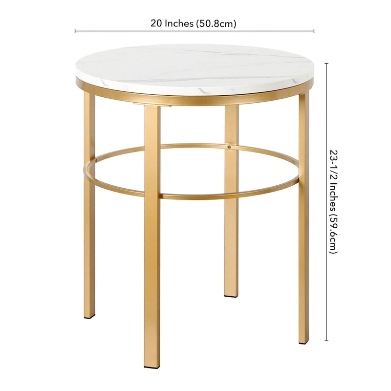 Table d'appoint ronde moderne glam en laiton/bronze noirci avec plateau en faux marbre et cadre géométrique en acier