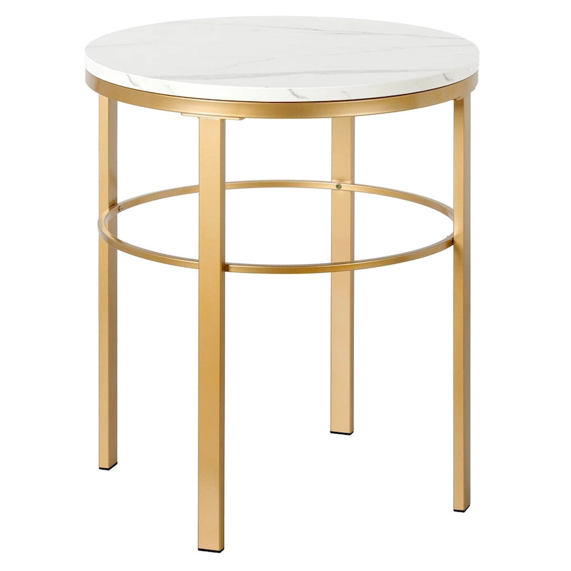 Table d'appoint ronde moderne glam en laiton/bronze noirci avec plateau en faux marbre et cadre géométrique en acier