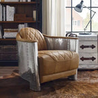 Fauteuil d'appoint rétro industriel en cuir pleine fleur kaki / noir / cognac / marron / gris avec cadre en aluminium, simple