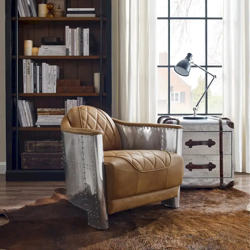 Fauteuil d'appoint rétro industriel en cuir pleine fleur kaki / noir / cognac / marron / gris avec cadre en aluminium, simple