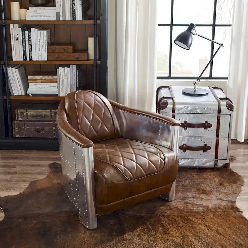 Fauteuil d'appoint rétro industriel en cuir pleine fleur kaki / noir / cognac / marron / gris avec cadre en aluminium, simple