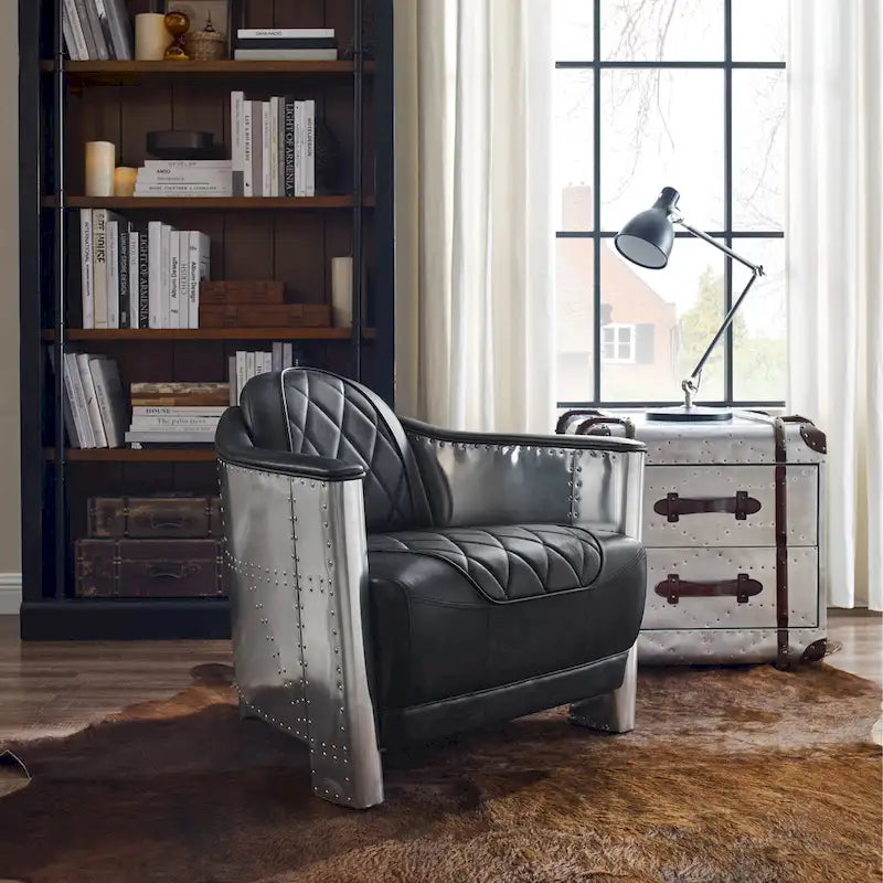 Fauteuil d'appoint rétro industriel en cuir pleine fleur kaki / noir / cognac / marron / gris avec cadre en aluminium, simple
