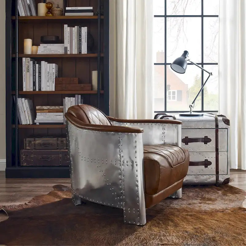 Fauteuil d'appoint rétro industriel en cuir pleine fleur kaki / noir / cognac / marron / gris avec cadre en aluminium, simple
