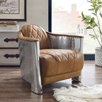 Fauteuil d'appoint rétro industriel en cuir pleine fleur kaki / noir / cognac / marron / gris avec cadre en aluminium, simple