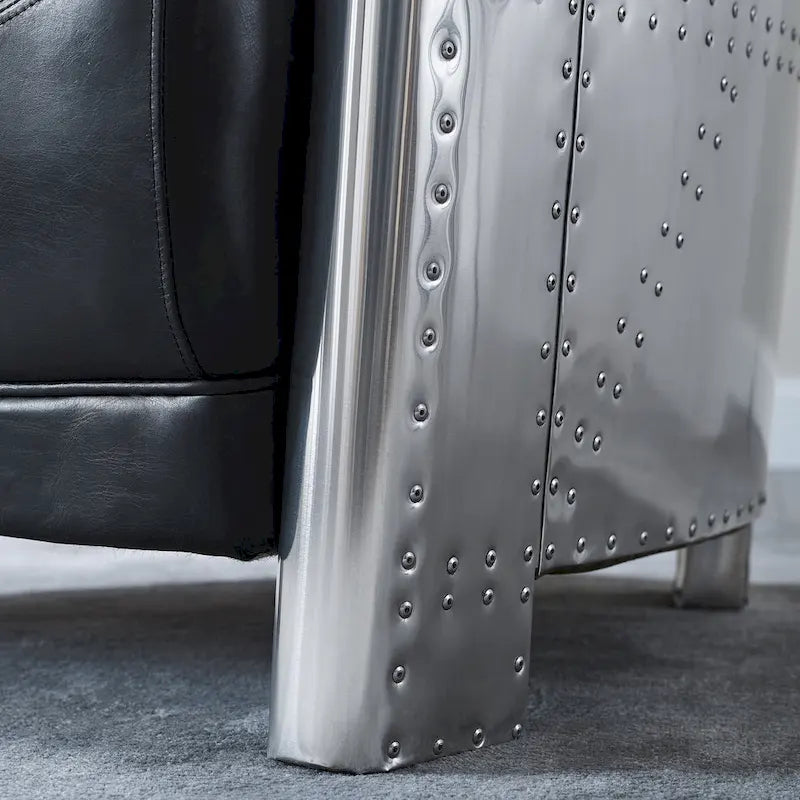 Fauteuil d'appoint rétro industriel en cuir pleine fleur kaki / noir / cognac / marron / gris avec cadre en aluminium, simple