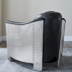 Fauteuil d'appoint rétro industriel en cuir pleine fleur kaki / noir / cognac / marron / gris avec cadre en aluminium, simple