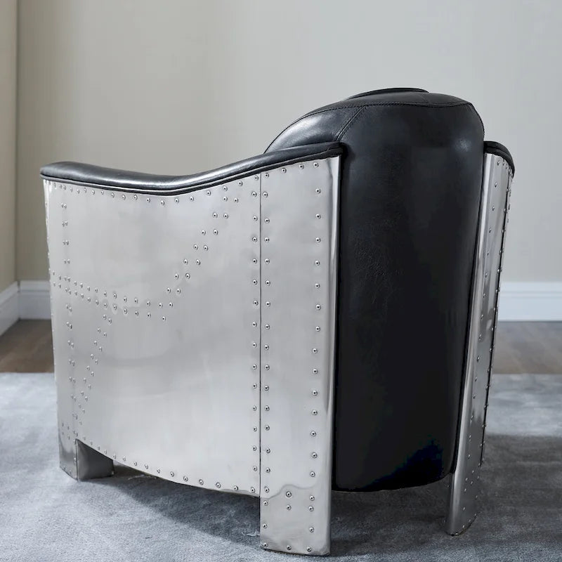 Fauteuil d'appoint rétro industriel en cuir pleine fleur kaki / noir / cognac / marron / gris avec cadre en aluminium, simple
